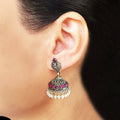 925 Silver Handcrafted Jhumki With Ruby Red Stones And Pearls