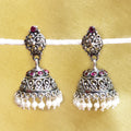 925 Silver Handcrafted Jhumki With Ruby red Stones And Pearls