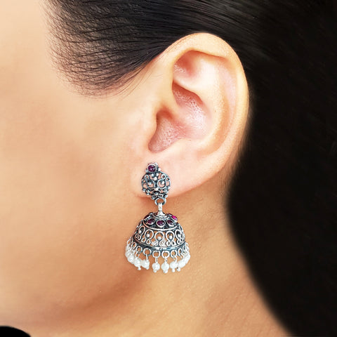 925 Silver Handcrafted Jhumki With Ruby red Stones And Pearls