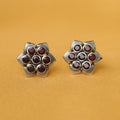 925 Silver Antique Look Hexagonal Ruby Red Stud