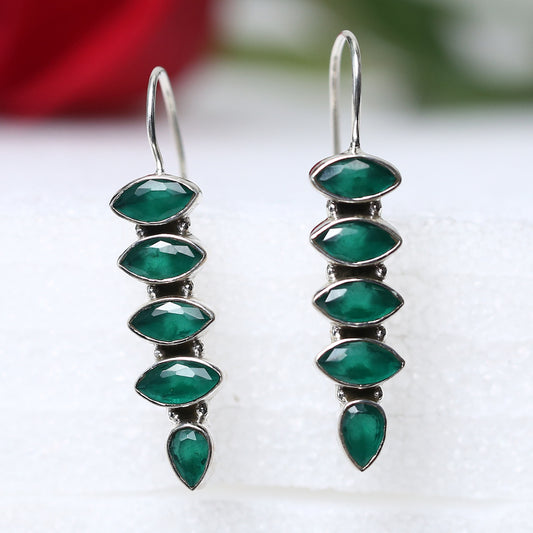 925 Silver Light Weight Green Onyx Hanging Earrings