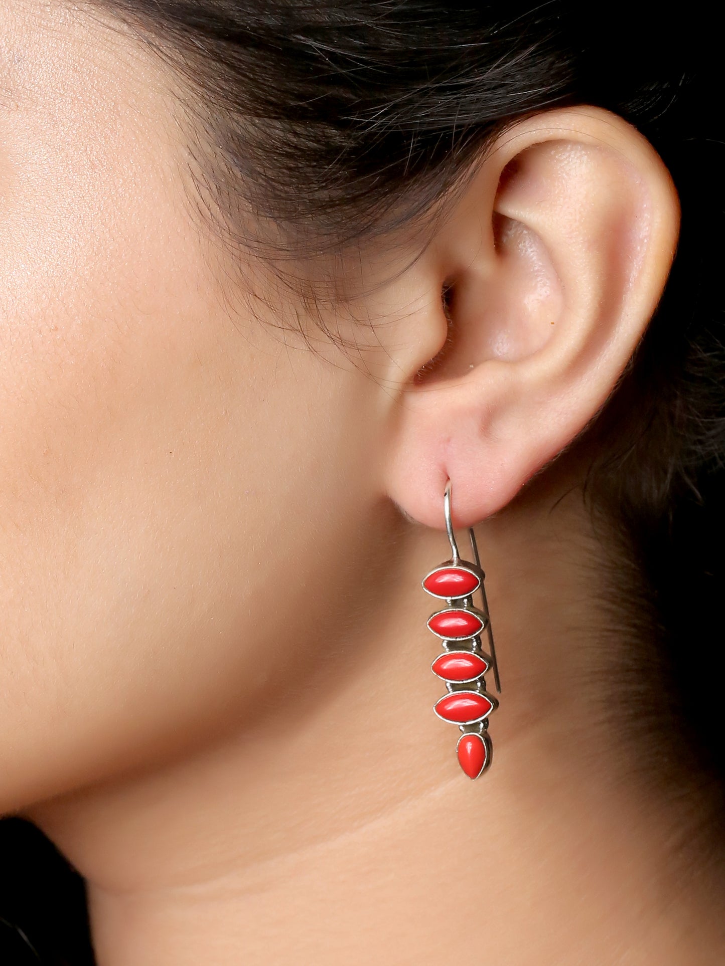 925 Silver Light Weight Coral Red Hanging Earrings