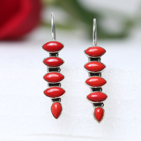 925 Silver Light Weight Coral Red Hanging Earrings