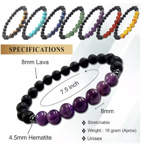 Certified 7 Chakra 8mm Natural Stone Bracelet With Lava Stone - One Bracelet For Each Chakra