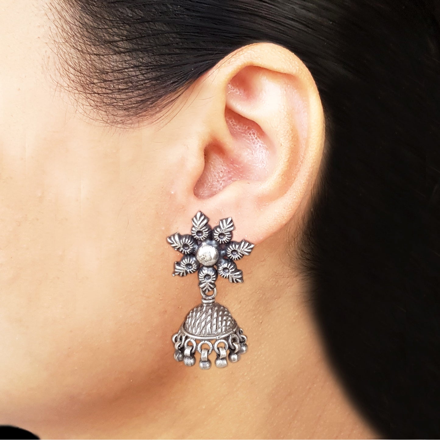 925 Silver Antique Look Flower Earrings With Jhumki Drop