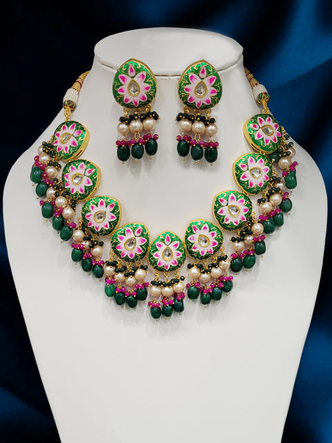 Imeora Designer Green Necklace Set With Teeka And Handmade Dori
