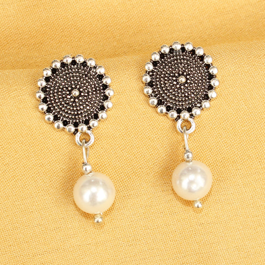 Imeora Oxidised Silver Stud With Pearl Hanging Earrings