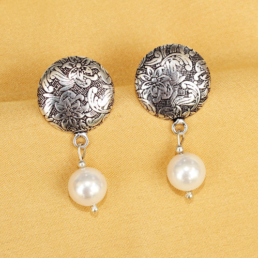 Imeora Oxidised Silver Stud With Pearl Hanging Earrings