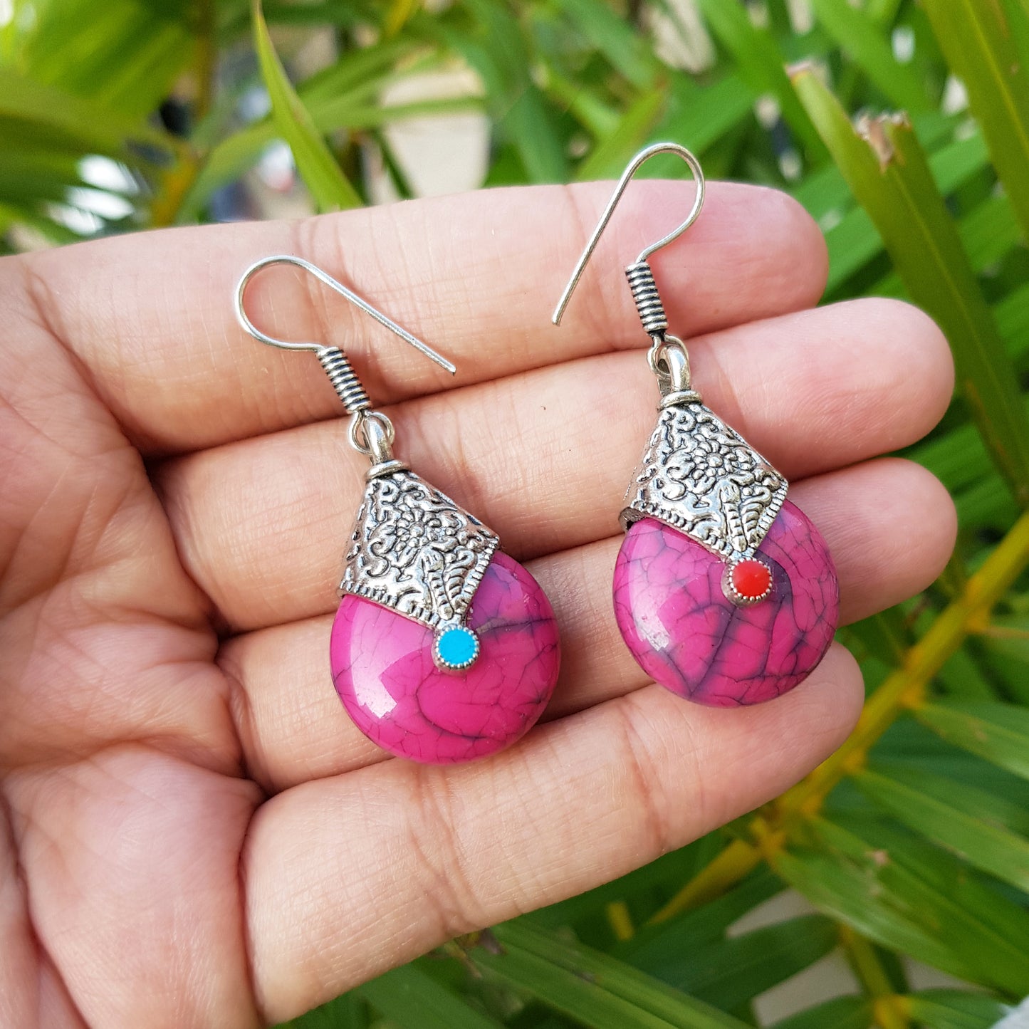 Imeora Oxidised Silver Pink Drop Earrings