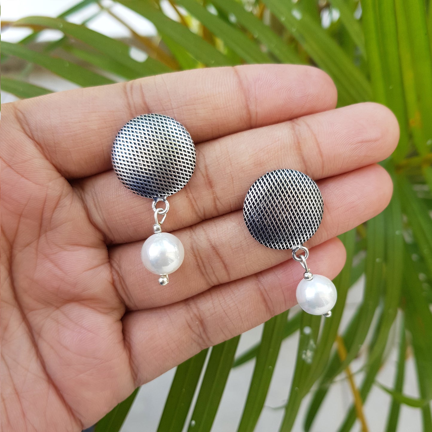 Imeora Oxidised Silver Stud With Pearl Hanging Earrings