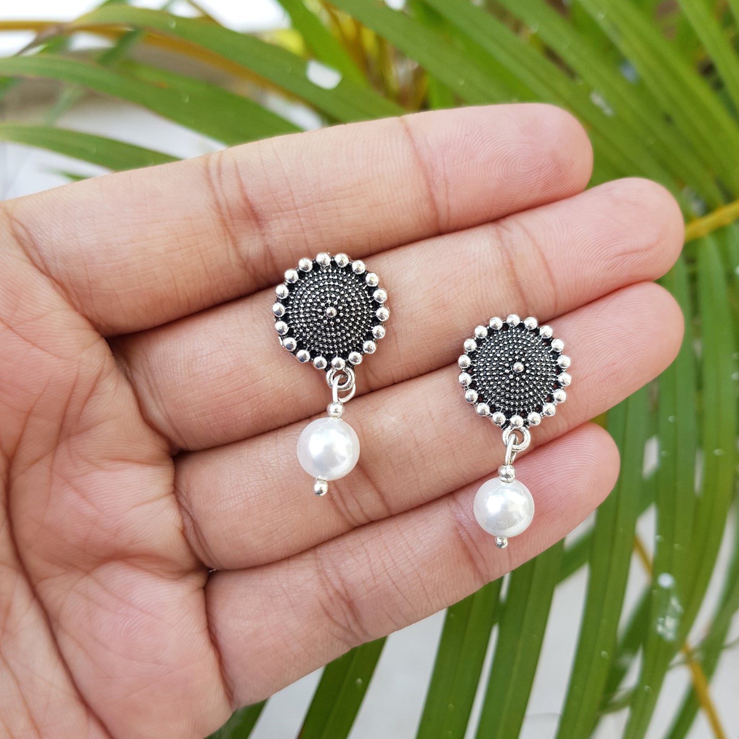 Imeora Oxidised Silver Stud With Pearl Hanging Earrings