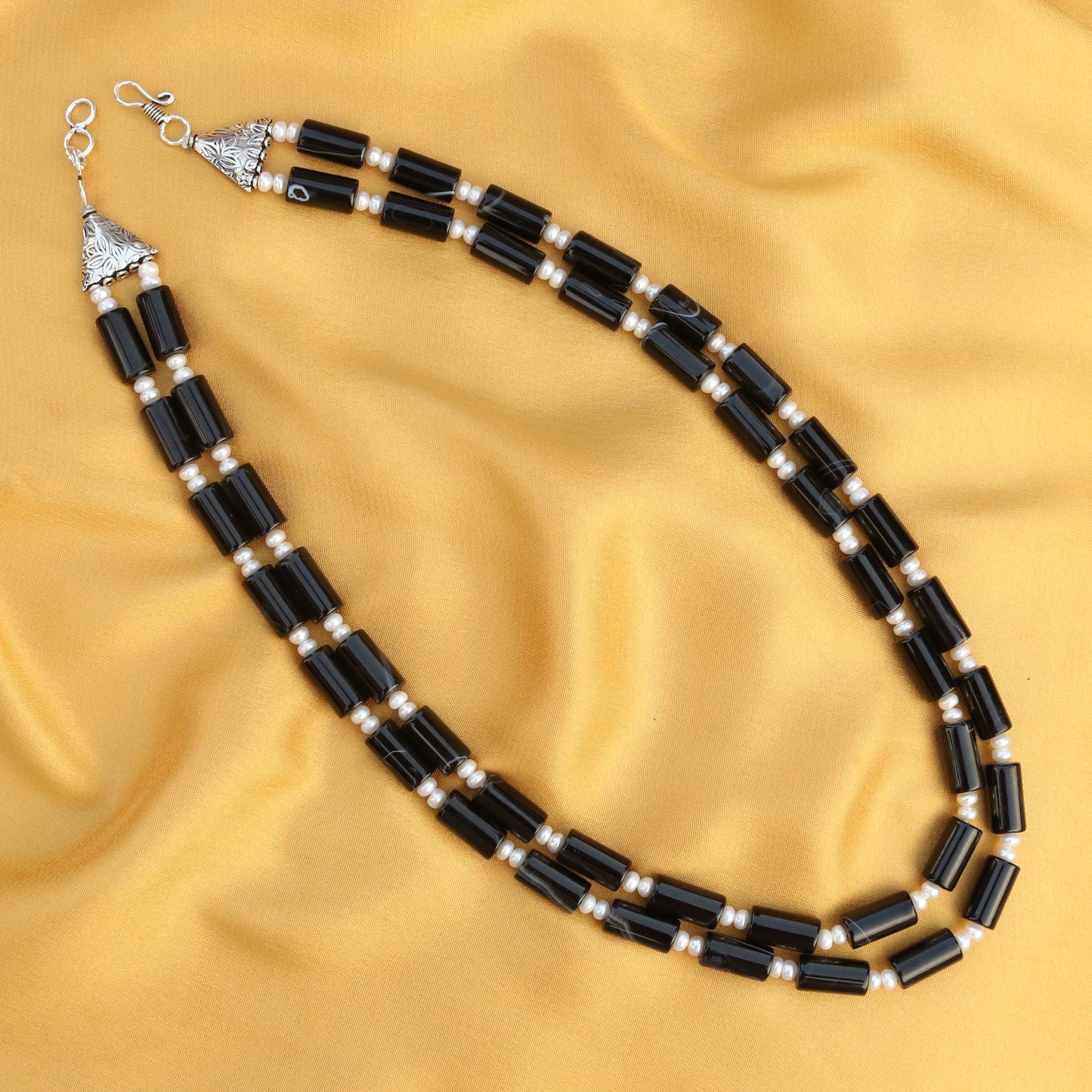 Imeora Exclusive Double Line Black Onyx And Real Pearl Necklace