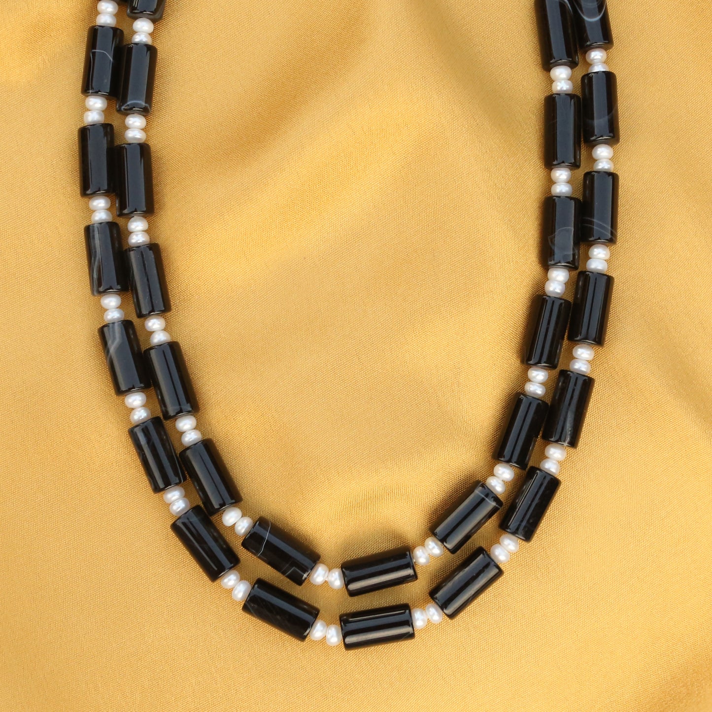 Imeora Exclusive Double Line Black Onyx And Real Pearl Necklace