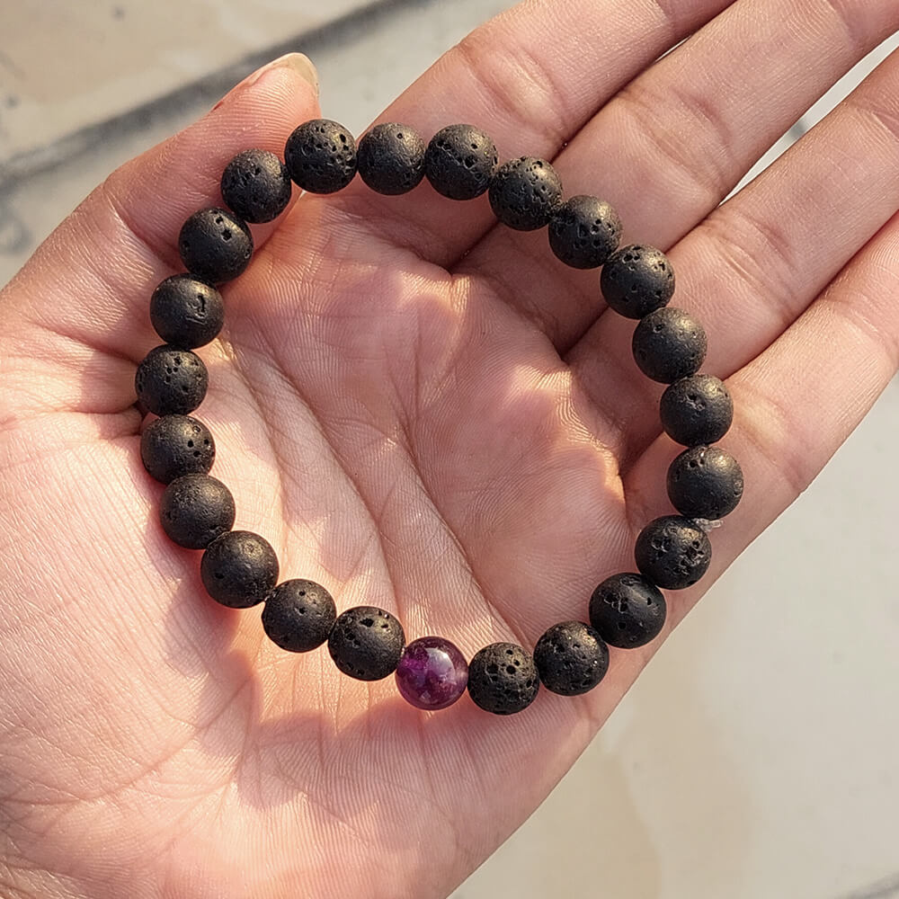 Certified Lava Natural Stone 8mm Bracelet With Amethyst