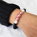 Dark Pink And White Shell Pearls 10mm Bracelet With 8mm Black Beads