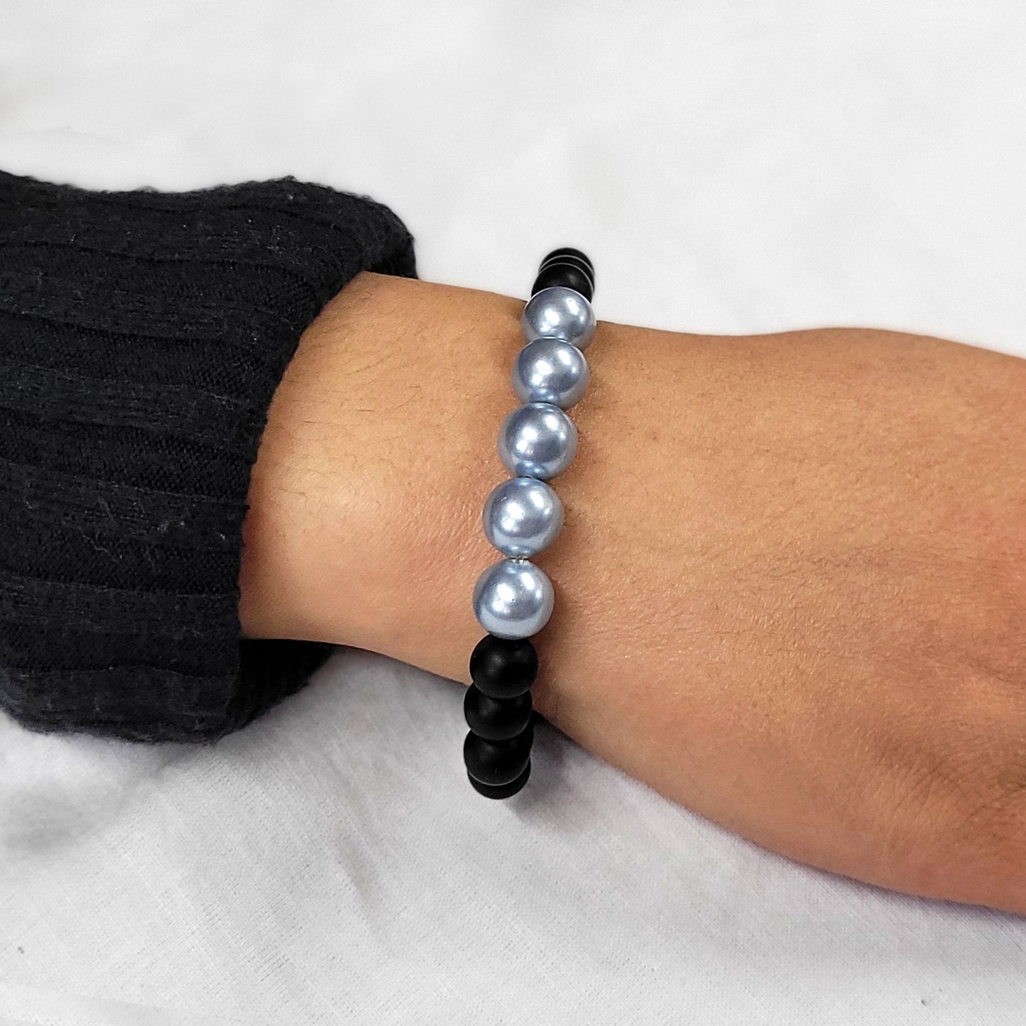 Light Blue Shell Pearls 10mm Bracelet With 8mm Black Beads