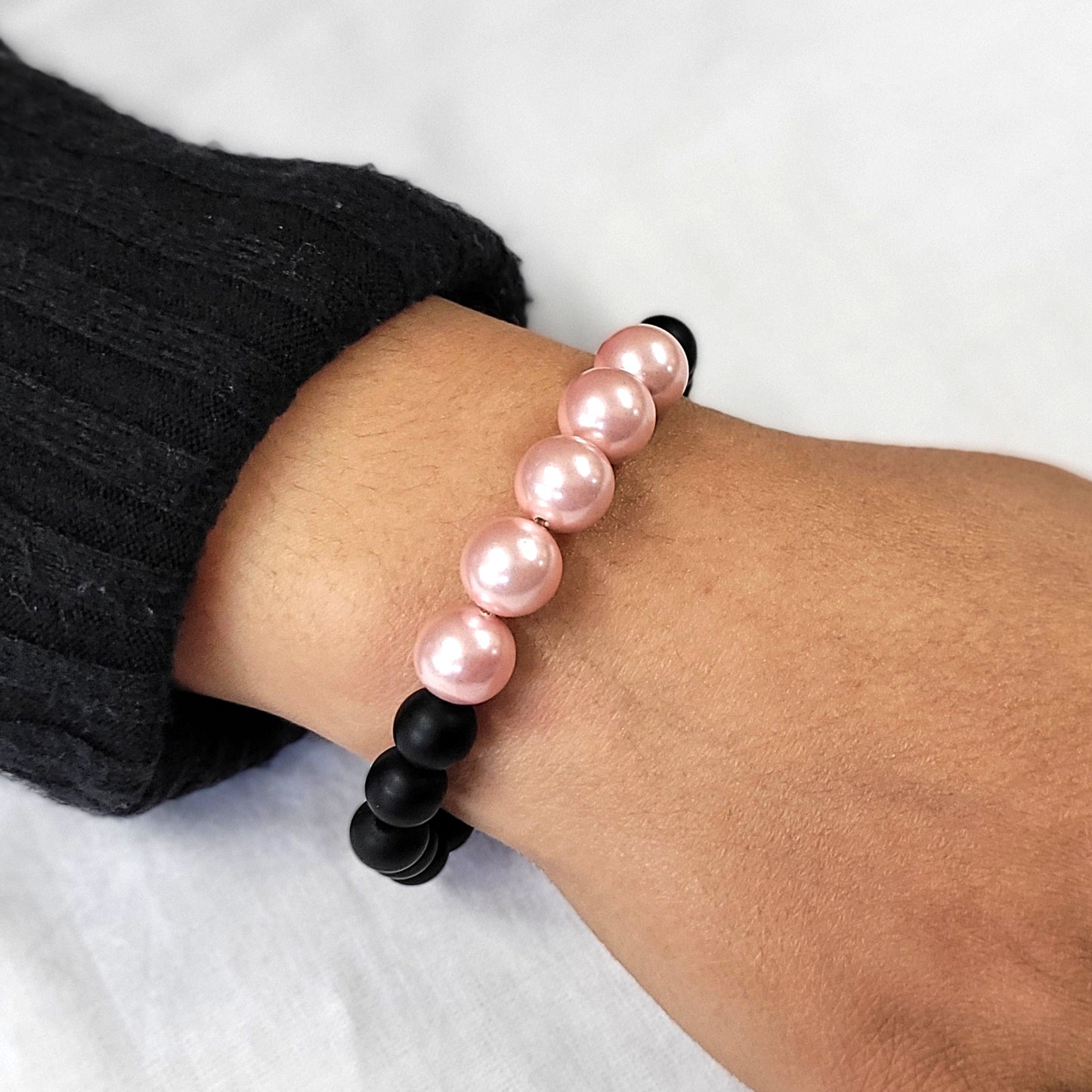 Pink Shell Pearls 10mm Bracelet With 8mm Black Beads