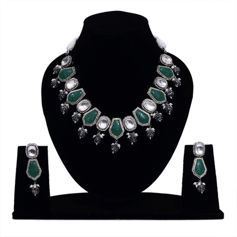 Imeora Designer Green Carved Stone Necklace Set With Hanging Balls And Handmade Dori