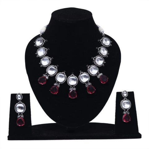 Imeora Designer Necklace Set With Five Red Stone Hangings And Handmade Dori