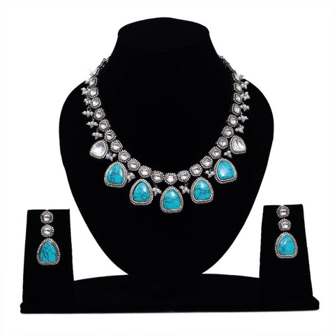 Imeora Designer Necklace Set With Turquoise Color Stone Hangings And Handmade Dori