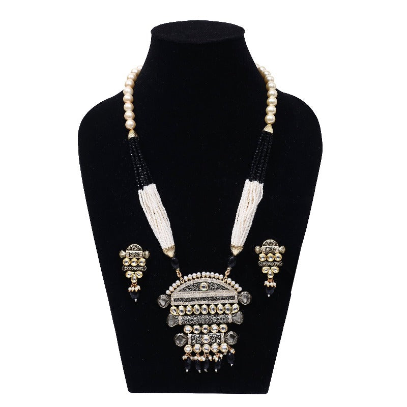 Imeora Designer Black Multiline Necklace Set With Handmade Dori