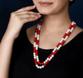 Imeora Metallic Red And White 8mm Double Line Shell Pearl Necklace With Red Studs