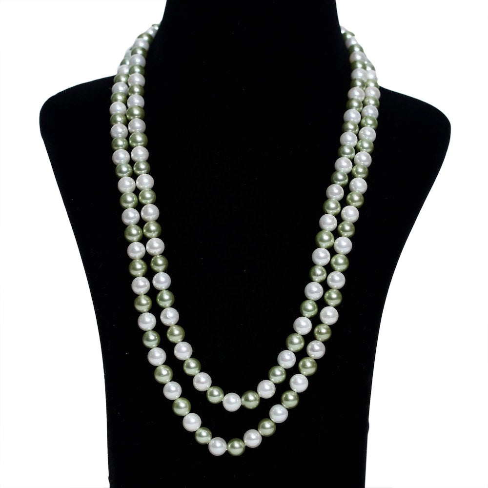 Imeora White Green Two Tone 8mm Double Line Shell Pearl Necklace With 10mm Green Shell Pearl Studs