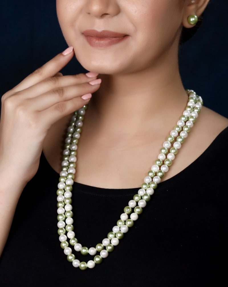 Imeora White Green Two Tone 8mm Double Line Shell Pearl Necklace With 10mm Green Shell Pearl Studs