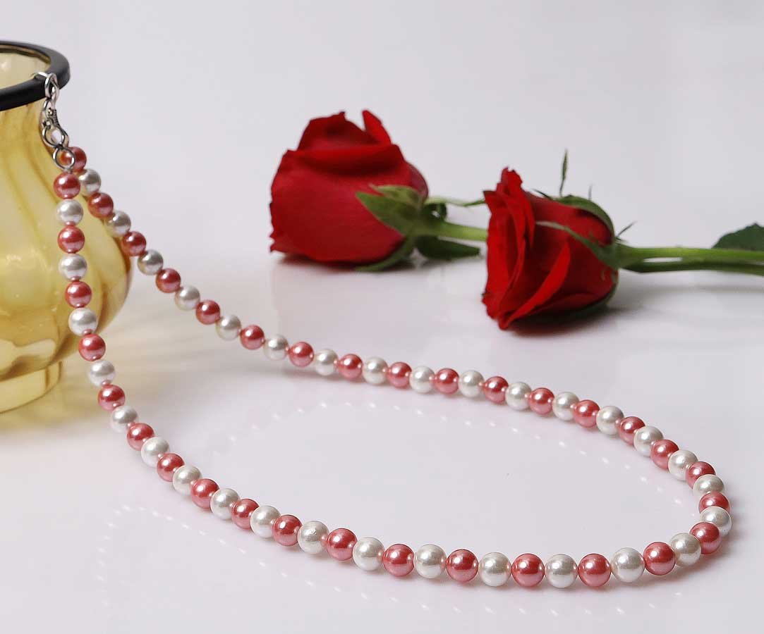 Imeora White Reddish Pink 8mm Shell Pearl Necklace