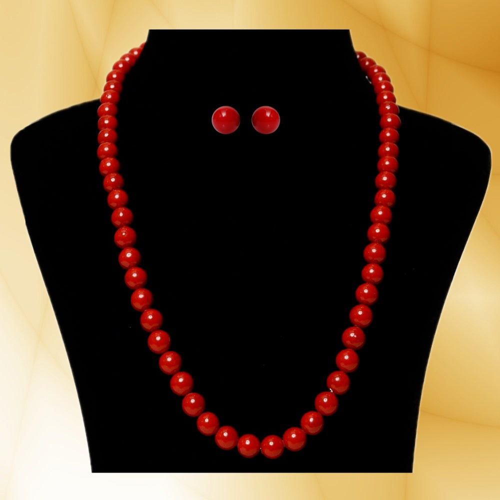 Imeora Red 8mm Shell Pearl Necklace With Red Studs