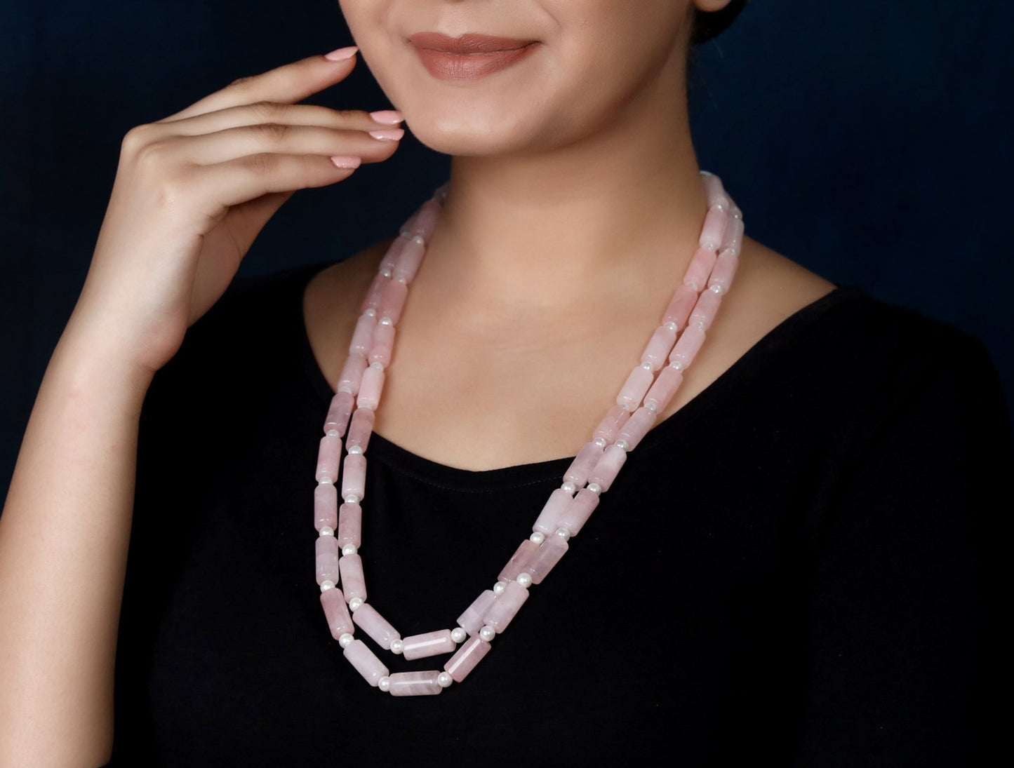 Imeora Double Line Rose Quartz And Pearl Necklace