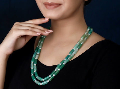 Imeora Exclusive Double Multi Light Green Onyx And Pearl Necklace