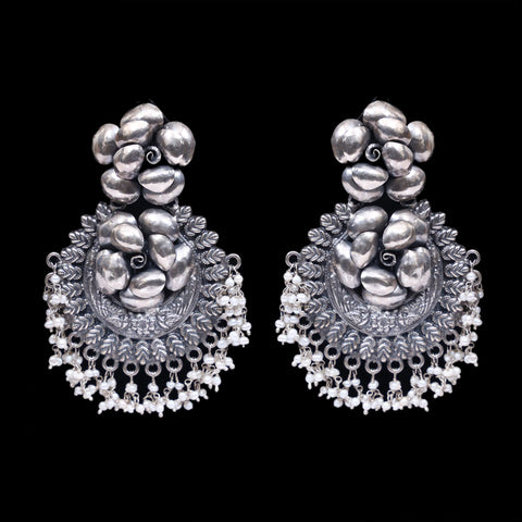 925 Silver Floral Handmade Earrings With Fresh Water Pearls Hanging