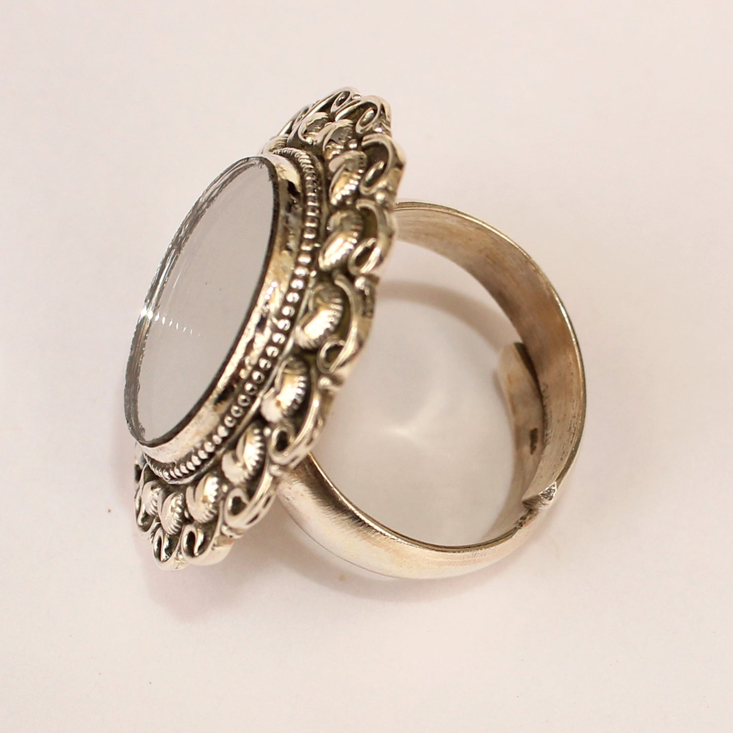 925 Silver Antique Look Adjustable Ring With Mirror