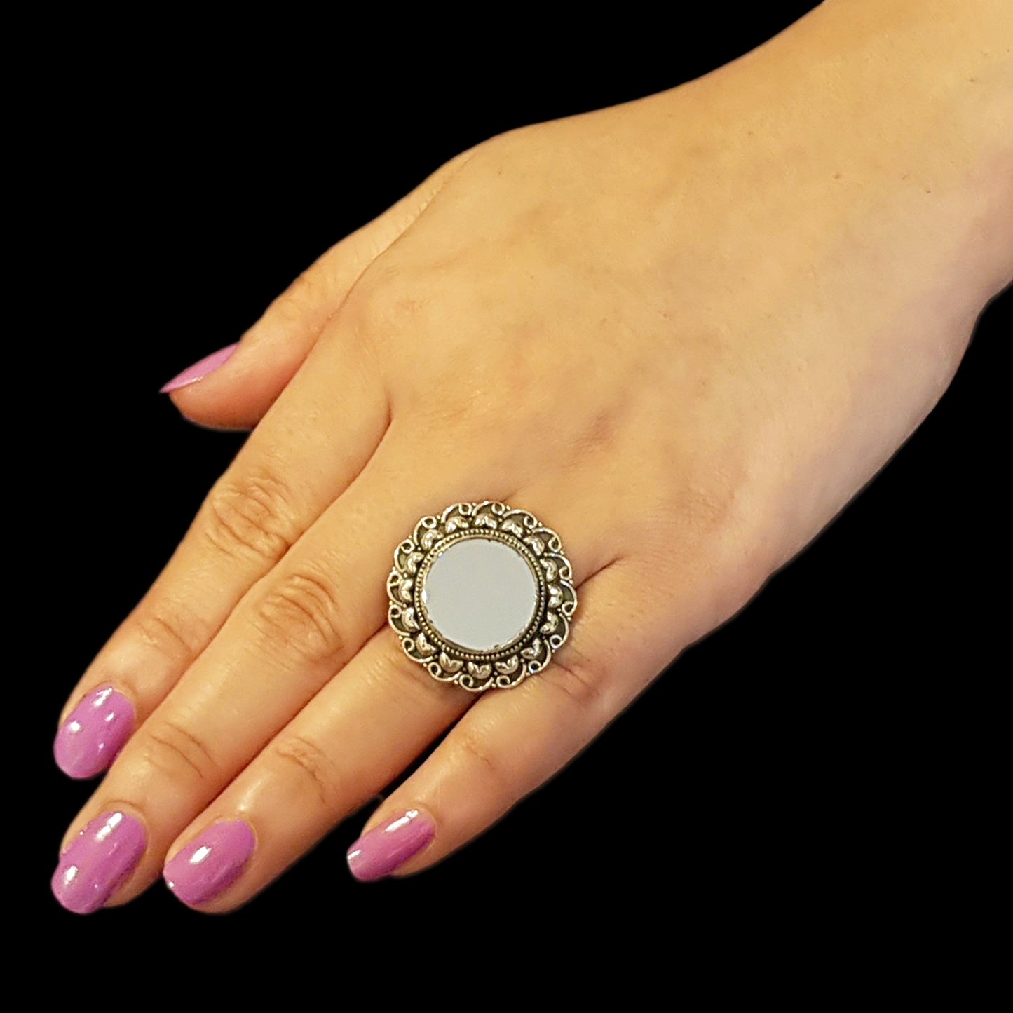 925 Silver Antique Look Adjustable Ring With Mirror