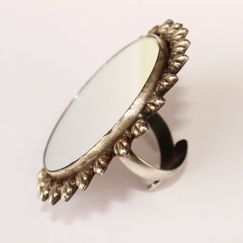 925 Silver Antique Look Adjustable Ring With Mirror