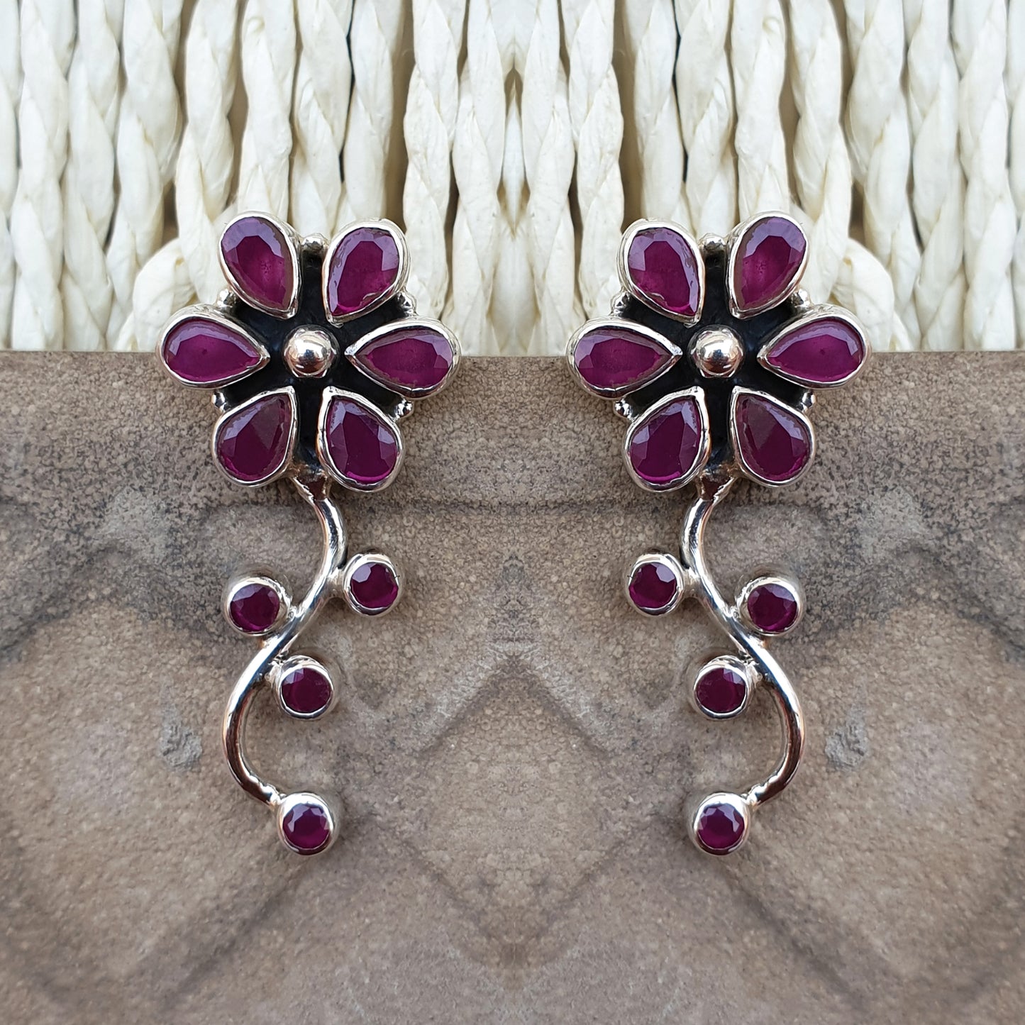 925 Silver Ruby Red Flower Leaf Earrings