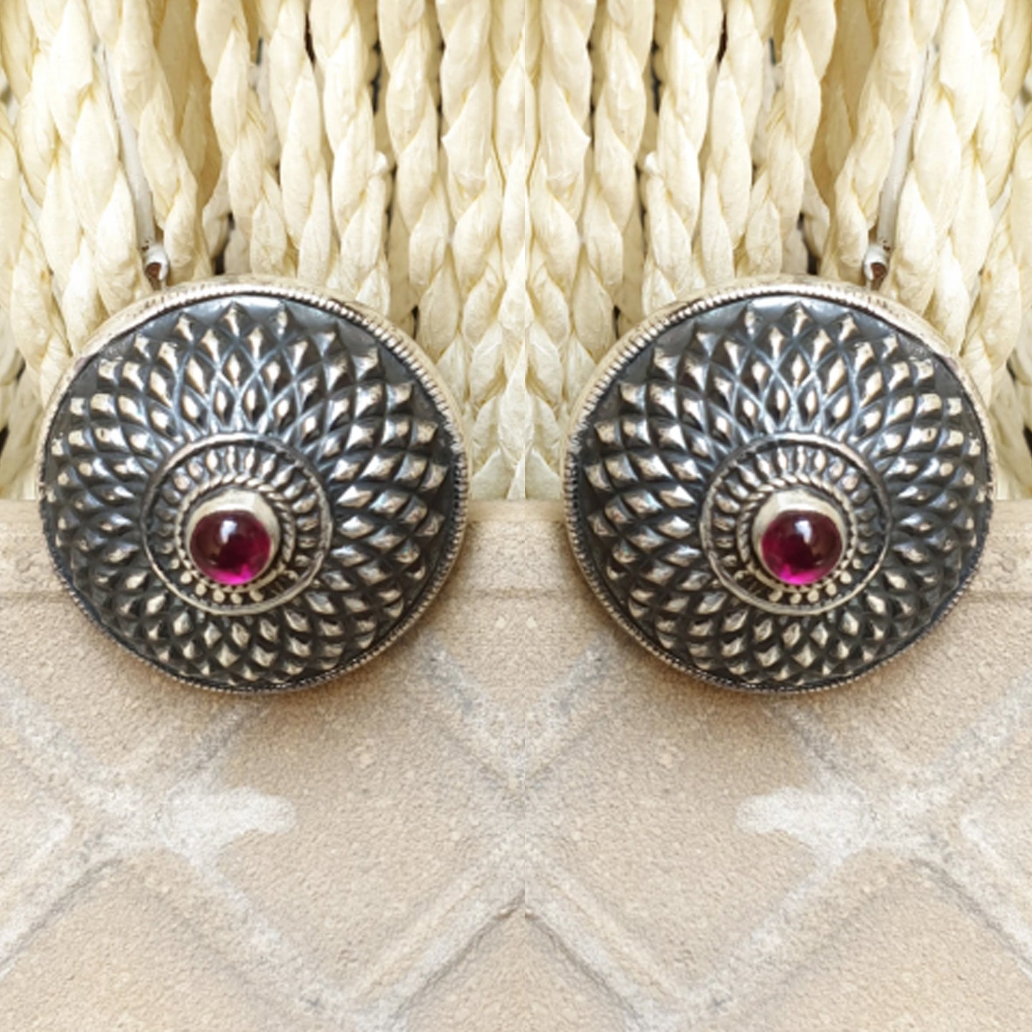 925 Silver Antique Look Stud With Ruby Red Center