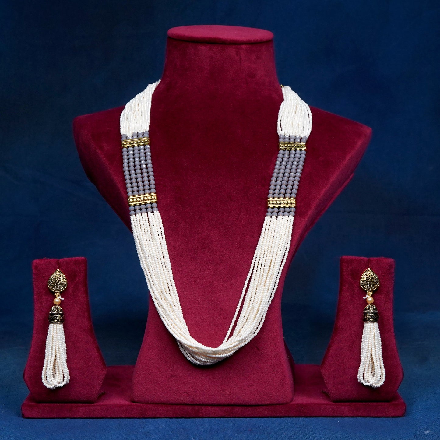 Imeora Designer Grey Necklace Set With White Multiline