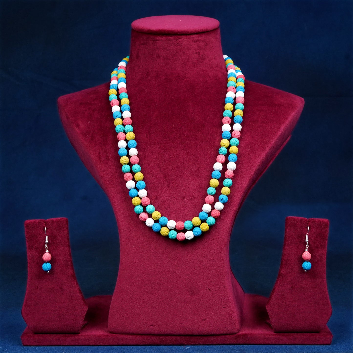 Imeora Multicolor MultiLava Beads Double Line Necklace With Earrings