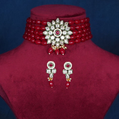 Imeora Designer Maroon Choker Necklace Set With Stone Hangings And Handmade Dori