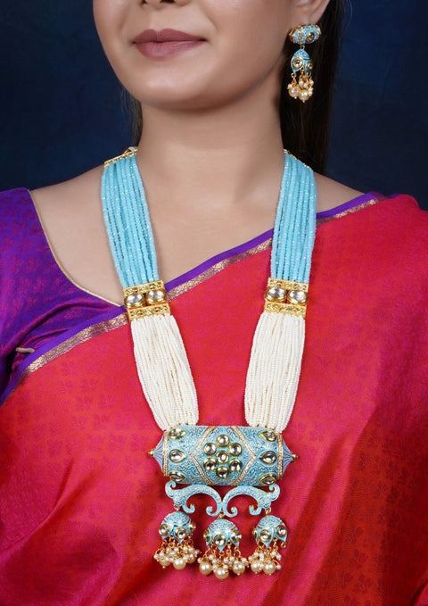 Imeora Designer Blue Multiline Pendant Necklace Set With Stone Hangings And Handmade Dori