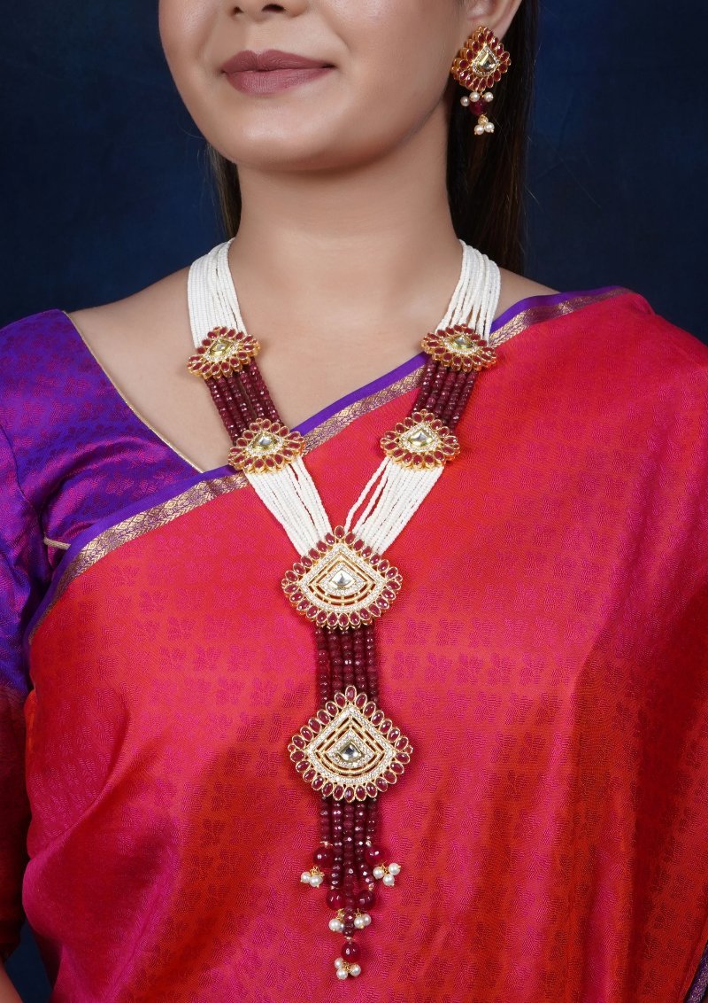 Imeora Designer Maroon Necklace Set With Multiple Brooches And Handmade Dori