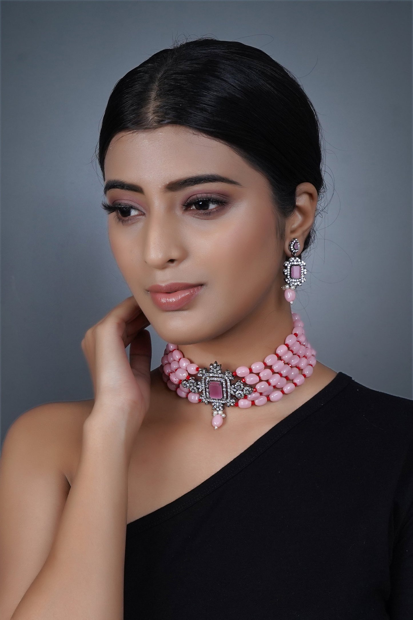 Imeora Designer Pink Choker Necklace Set With Handmade Dori