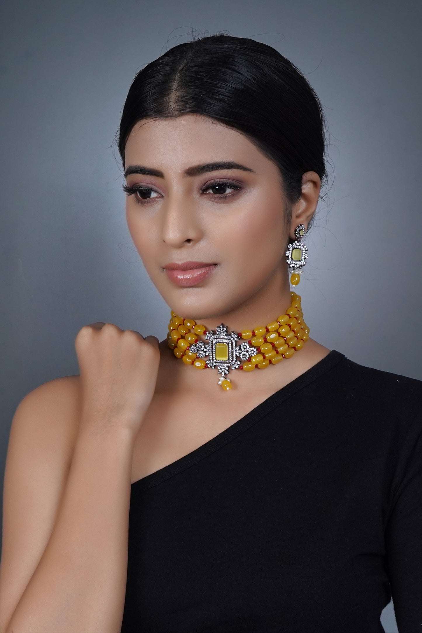 Imeora Designer Mustard Choker Necklace Set With Handmade Dori