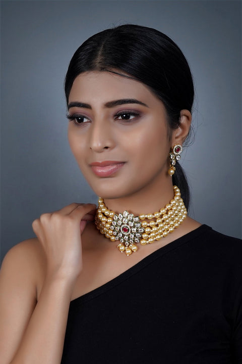 Imeora Designer Golden Choker Necklace Set With Stone Hangings And Handmade Dori