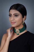 Imeora Designer Dark Green Choker Necklace Set With Stone Hangings And Handmade Dori
