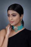 Imeora Designer Aqua Blue Choker Necklace Set With Stone Hangings And Handmade Dori