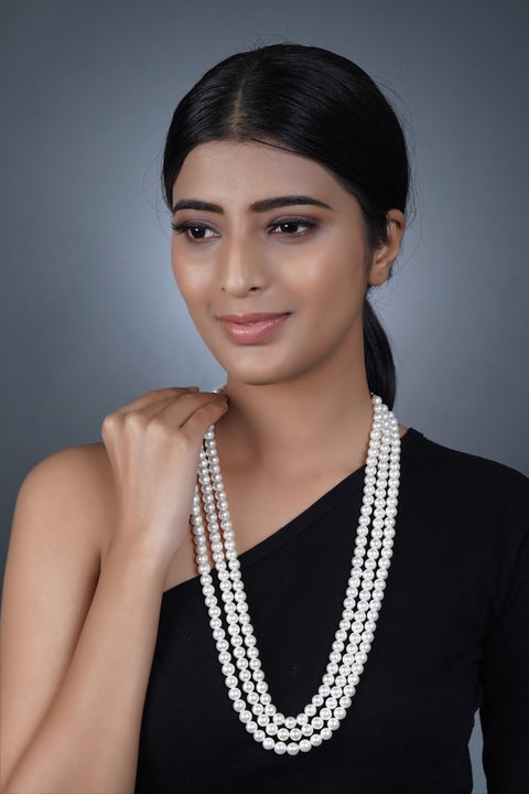 Imeora Exclusive Tripple Line 8mm White Shell Pearl Necklace