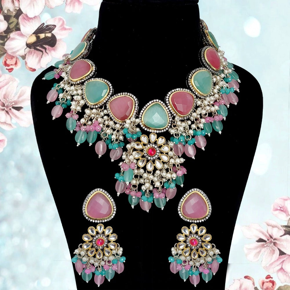 Daniela Floral Necklace Set With Stone Hangings And Dori